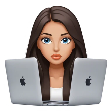 Glamours tanned very beautiful girl with pump peach lips and dark chocolate straight smooth long hair, blue-grey eyes with MacBook sticker