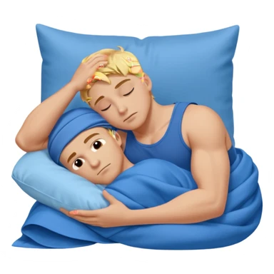 A young muscular male with short dark-blonde hair, medium-light skin, and a neutral expression, dressed in blue cloth. He lies on his side, arms around a soft white pillow, with his head on a smooth blue pillow. A flowing blue blanket covers him in silky folds. sticker