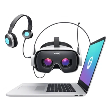 VR headset lying next to a laptop, connected by wires. On the laptop screen a VR/AR modeling program is opened. Floating 3D models or virtual objects. Modern, tech-inspired colors. No emojis or smiley faces. Transparent background. sticker