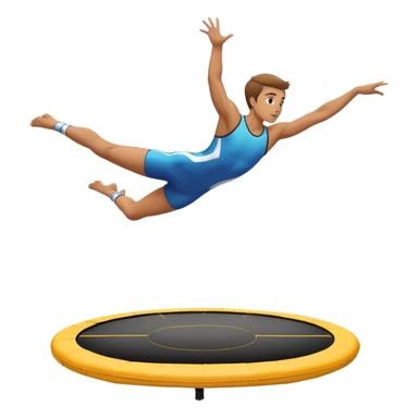 An athletic person soaring high above a trampoline, executing an acrobatic flip with perfect form. The scene captures motion and energy, with a dynamic pose, stretched limbs, and a focused expression. The background suggests a professional trampoline arena with safety padding. sticker