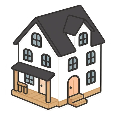 modern farmhouse dollhouse, white with black trim and wooden accents, 3d isometric  sticker