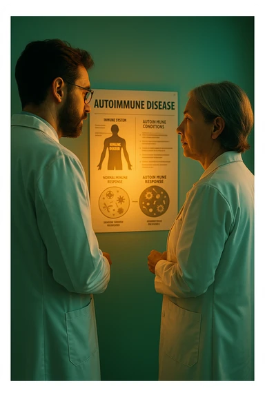 Realistic, detailed photo taken from behind of two doctors—a bearded man and a middle-aged woman—standing and facing each other as they discuss an autoimmune disease diagnosis in front of a medical chart that displays information about the immune system and autoimmune conditions. The scene is illuminated by a yellowish, orange, warm light that softly envelops the doctors. The entire room is bathed in a single green-blue color, creating a cohesive and modern atmosphere. Both doctors wear white coats, and their body language suggests a serious, professional conversation about the complexities of autoimmune diseases. Shot with a Canon EOS R5, with high detail and natural depth of field. sticker