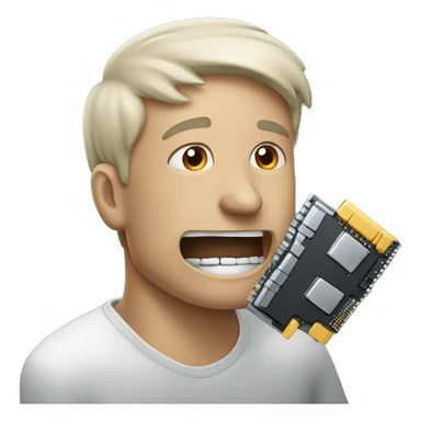 A man which biting a physical computer memory  sticker