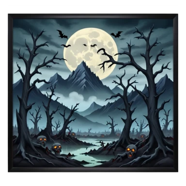 A dark creep Alaskan land scape with rotting trees and zombies rising from the ground infront of evil looking mountains with a cloudy evil moon. sticker