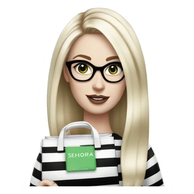 Platinum blonde medium length straight hair woman pale skin green eyes glasses holding a black and white striped Sephora bag sticker