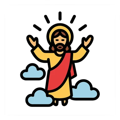 Ascension Day, Jesus ascending into the sky with clouds and rays of light, peaceful and uplifting, color outline icon style sticker