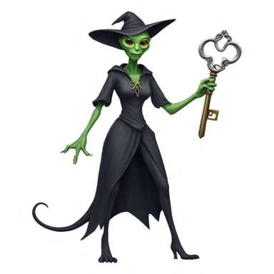 a Reptilian alien woman, as witch, holding a big key, full body sticker