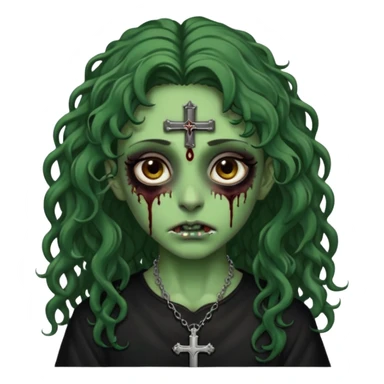 Zumbi verde com olhos castanhos aspecto de que tá sangrando, com cabelo castanho cacheado longo um piercing do lado esquerdo do nariz, roupa preta e crucifixo como colar, e também delineador  sticker
