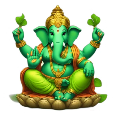 green ganesha hindu god with 4 hands, one hand with a rope, one hand with broken horn, one hand with and sphere and roght low hand in varada mudra sticker