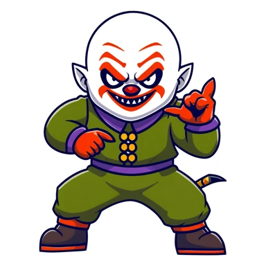 evil clown warrior, bald, short horns on forehead, fangs, pointed ears, black and military green leisure suit, battle-ready fighting posture sticker