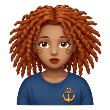 Caramel brown skin, curly locs that are half dyed ginger red at the end, brown eyes, a little bit of acne on my cheeks, Greek lips, cancer + Scropio eye shape mixed, medium sized chest, and I like the style Cutecore  sticker