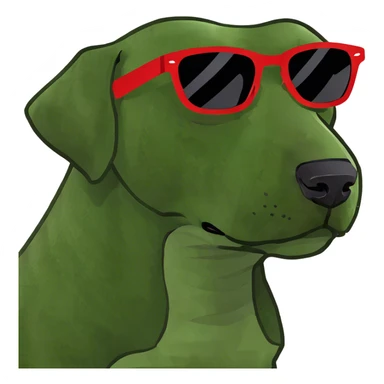 Myla Vizla Dog wearing sunglasses and a red top sticker