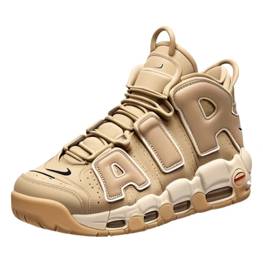 Beige colored Nike Air More Uptempo basketball sneakers with one sneaker positioned behind the other, featuring large AIR text on the sides sticker