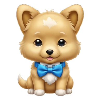 A  gold puppy with a blue bow tie sticker