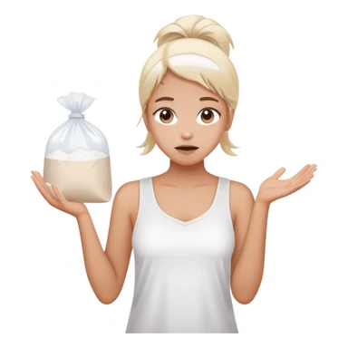 Girl shrugging holding a clear plastic bag with white powder sticker