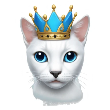 White cat with black head and blue eyes wearing a crown sticker