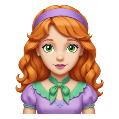 daphne blake long orange wavy hair with lilac headband, green eyes and cute lilac dress with green ascot from scooby doo  sticker