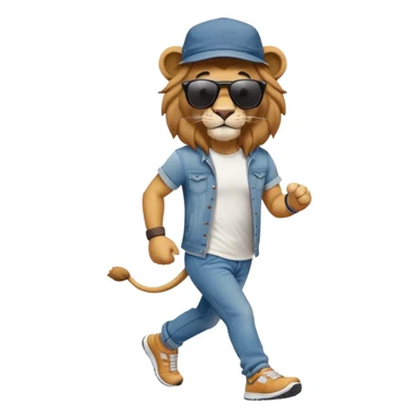 friendly anthropomorphised lion in jeans and a t-shirt, wearing dark sunglasses and a hat, jogging upright in standard pose sticker