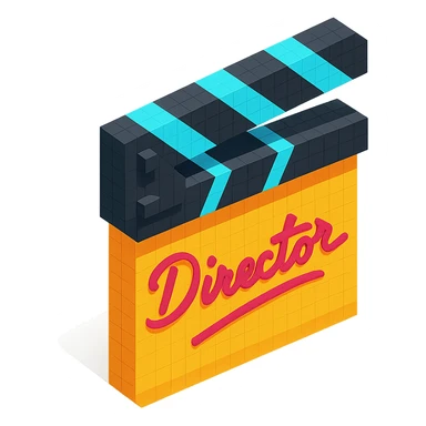 voxel style movie clapperboard with a cursive director's signature, isometric view sticker