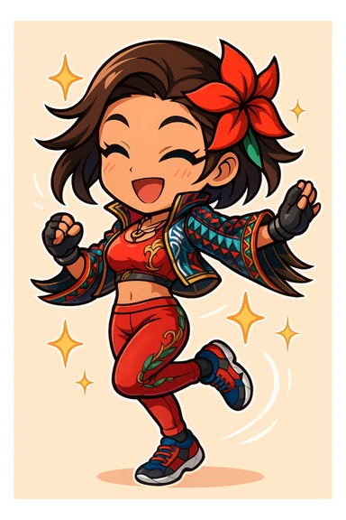 Azucena from Tekken 8 in chibi sticker style, spinning with sparkles, wearing the detailed red and patterned outfit from the reference images, designed for Twitch emote use. sticker
