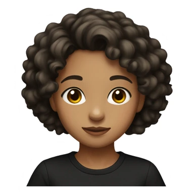 A young girl with light brown skin, black medium-long curly hair, and wearing a black t-shirt sticker