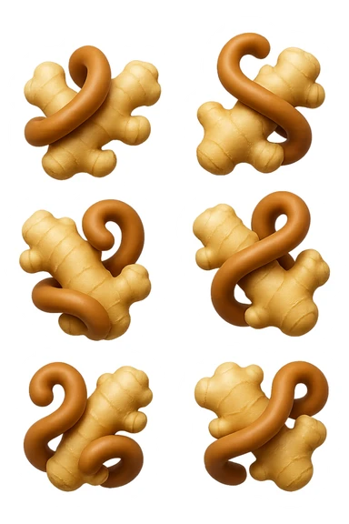 emoji stile iphone 3d di 6 piccoli pezzi di zenzero che fluttuano in aria con pezzi di colon arrotolati intorno, iperrealistico 4k sticker