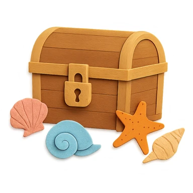 closed treasure chest with a lock, surrounded by seashells and starfish in paper-craft style sticker