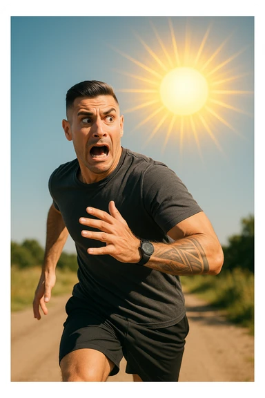 Uomo che corre via dal sole spaventato perchè pensa sia nocivo realistica sticker