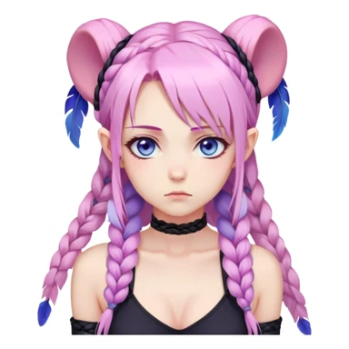 Gorgeous anime lady long-pale-pastel-pink-hair with one braid on each side, grumpy expression, purple-pink feather-ear-cuffs in hair, black bodysuit, blue eyes, pink iris, ethereal, fantasy, sticker
