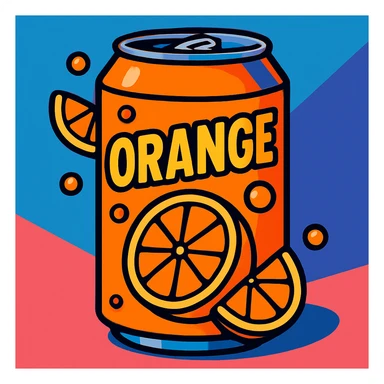 clean, vibrant color cartoon illustration of a can of orange soda with orange slices, TikTok-inspired, minimal and trendy look, bold colors sticker
