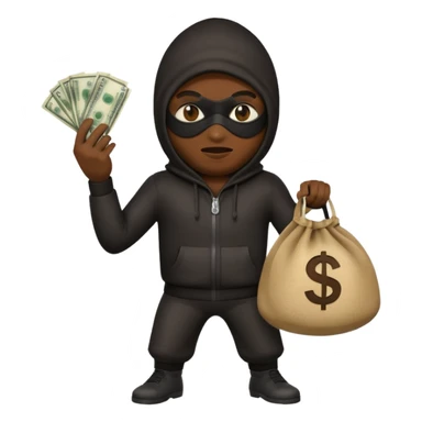 robber emoji, Google style, masked figure tiptoeing with money bag sticker