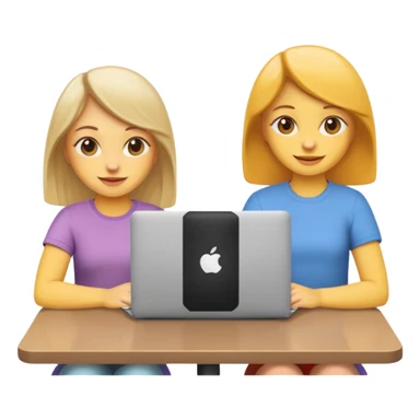 two girls sitting together with a MacBook in front of them, friendly and cheerful expressions, emoji style, inspired by reference photo sticker