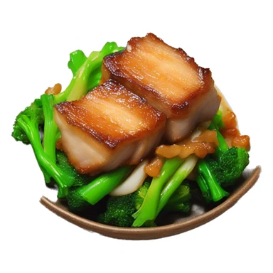 Stir fried Crispy pork belly on oyster sauce with green vegetable sticker