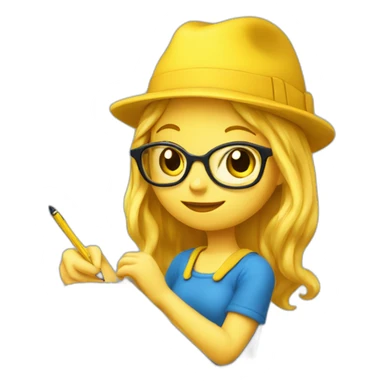 a girl with yellow hair in a blue hat with a yellow mallow holds a pen and a notebook in her hand sticker