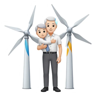 an older white man with grey hair and a white shirt and black pants , hugging a silver wind turbine sticker