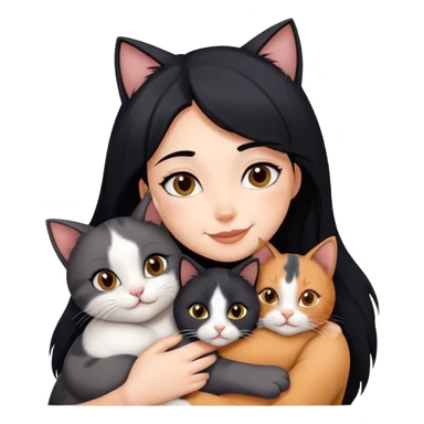 happy girl with black hair hugging three cats  (black cat, gray cat, brown calico cat) sticker
