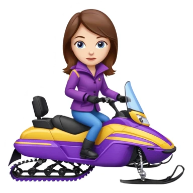 Brown hair, very blue eyes, Woman wearing a Very red coat  on purple and yellow striped snowmobile sticker