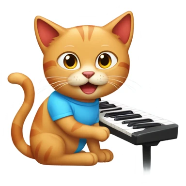 tan-red cat wearing a light-blue t-shirt taps musical keyboard sticker