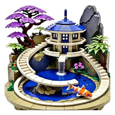Alien saucer poolhouse jungle Lego winding narrow stairway fountain koi pond mountainside -island getaway nighttime landscape antique mudman very old broken cracked intricate Stone Age lapis-crusted irregular dodecagon-shaped shallow dark moss rough bark violet serissa flowered maple tree bonsai sticker