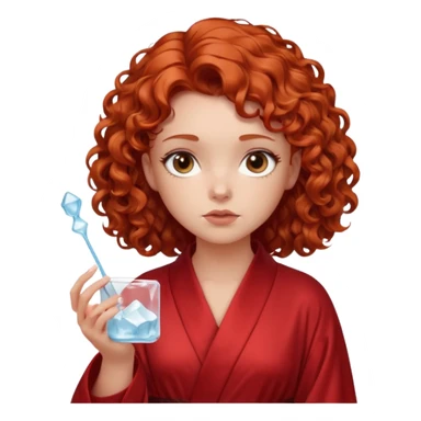 Cartoon emoji of a girl with voluminous curly red hair, fair skin, warm brown eyes. Wearing a chic milky silk robe with long sleeves, no makeup. Portrait mode, holding a ice cube, looking doubtful and unsure. Smooth, simple, stylized." sticker