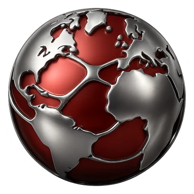 Make all empty spaces in the 3D chrome world a vibrant red, keep the chrome world and bridges metallic and shiny, with no background. sticker