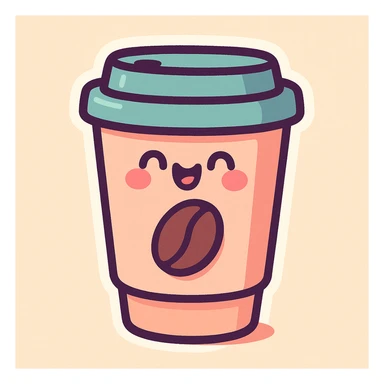 takeaway coffee cup with coffee bean on cup, pastel colors, thick outline, graphic shadows and highlights, white border, cute cartoon style, variant 4 sticker