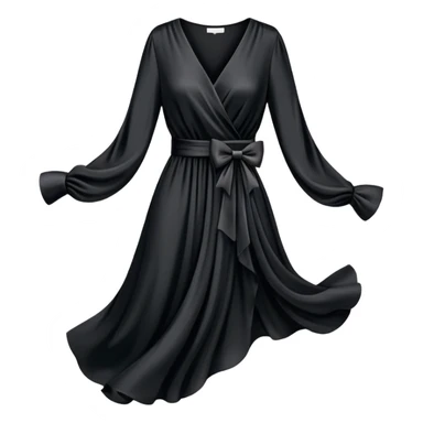 black silk v-neck wrap dress with a bow and long sleeves, isolated, floating in the air sticker