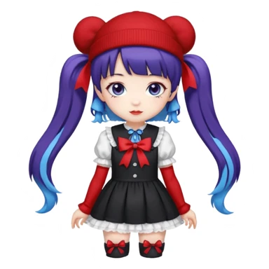 Chibi kawaii, violet eyes, black-blue twin tails, red ribbons, red beanie, black & white lolita dress with red accents, white thigh-highs, black mary janes, cute aesthetic. sticker