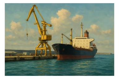 фотография современного торгового порта на берегу моря. На переднем плане — большой грузовой корабль у причала, рядом высокий портовый кран жёлтого цвета. Вода бирюзовая, слегка волнистая, на фоне виден бетонный волнорез и небо с мягкими облаками. Композиция сбалансирована: корабль справа, кран слева. Освещение дневное, естественное, с мягкими тенями. Атмосфера индустриальная, но спокойная, без людей. В СТИЛЕ РЕАЛИСТИЧНОЙ ЖИВОПИСИ на однородном фоне sticker