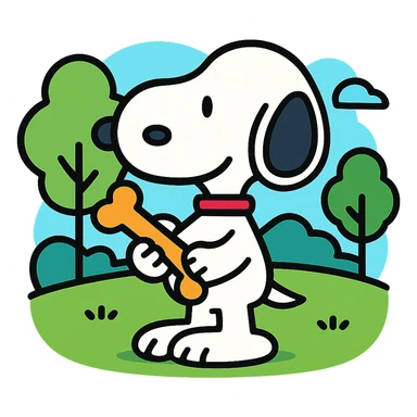 Snoopy, outlined and colorful, holding a bone, with a park background sticker