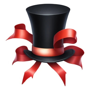 A black top hat displaying a red ribbon around the base. The ribbon forms a visible bow at the front, with the ends falling slightly over  sticker
