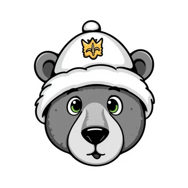 Cute grizzly bear face with green eyes, wearing a white fur hat with golden Russian coat of arms in the middle sticker