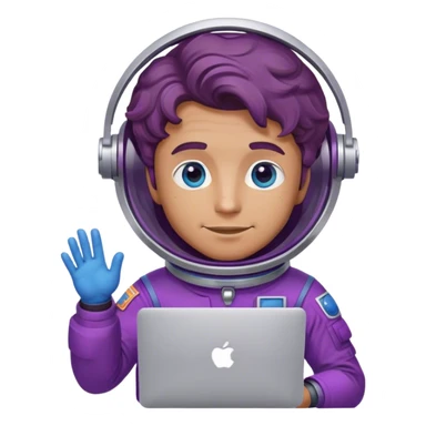 guy astronaut with purple suit, blue eyes, brownbrown wavy hair and one macbook sticker