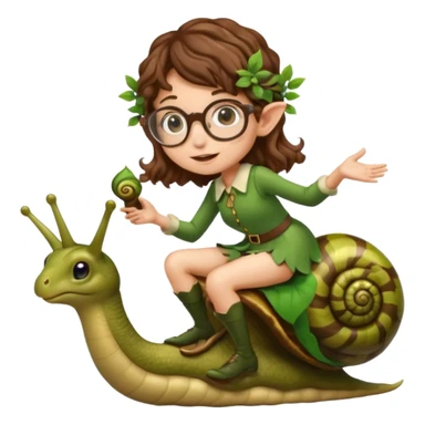 tiny forest elf woman brown wavy hair glasses riding a snail sticker